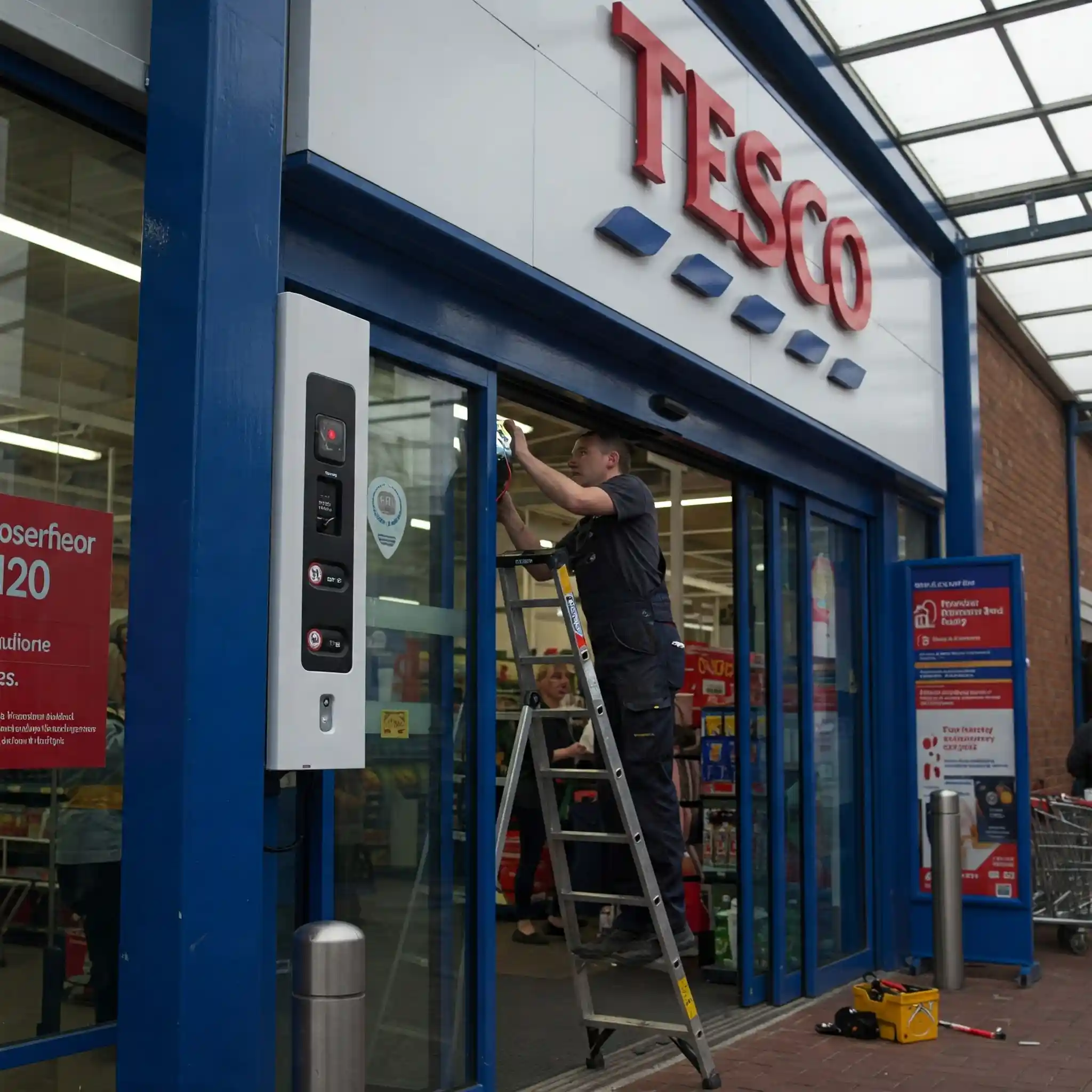 Professional technician repairing an automatic sliding door in London